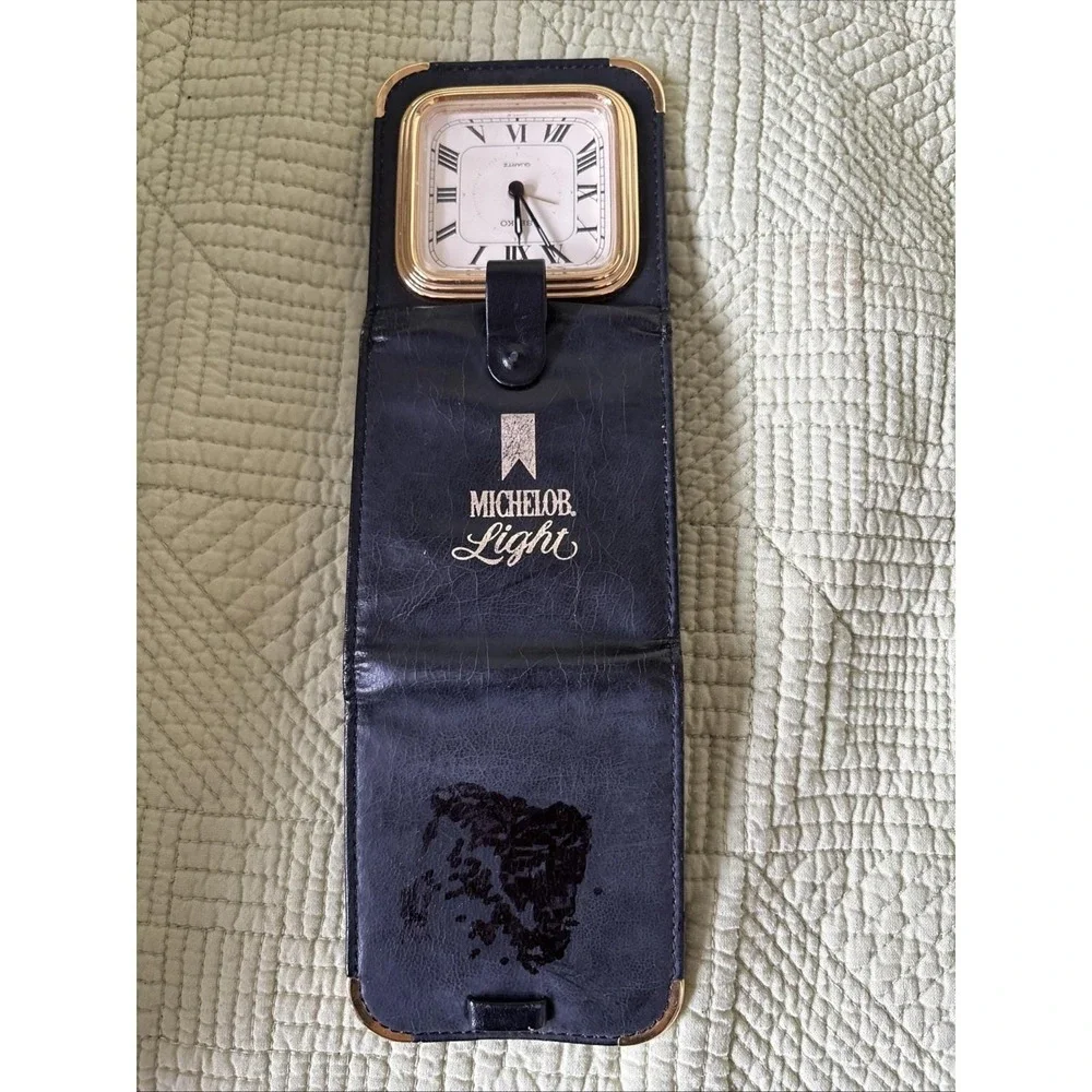 Vtg SEIKO Japan Folding Leather Travel Pocket Watch Clock Working Michelob Light